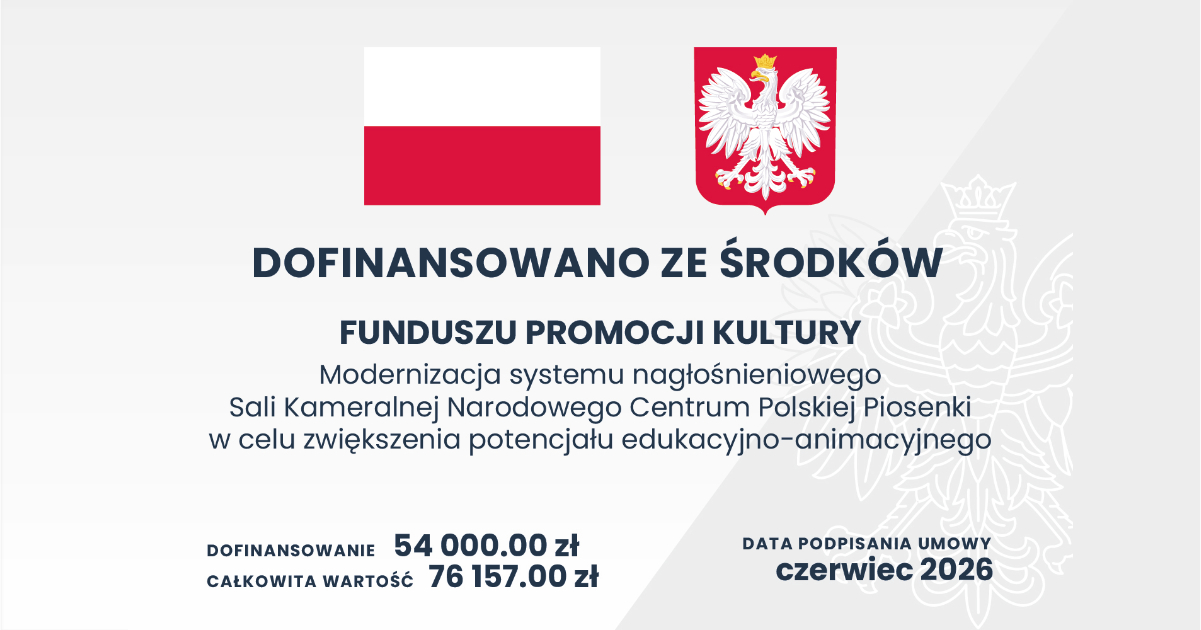 Modernizacja systemu nagłośnieniowego Sali Kameralnej Narodowego Centrum Polskiej Piosenki w celu zwiększenia potencjału edukacyjno-animacyjnego