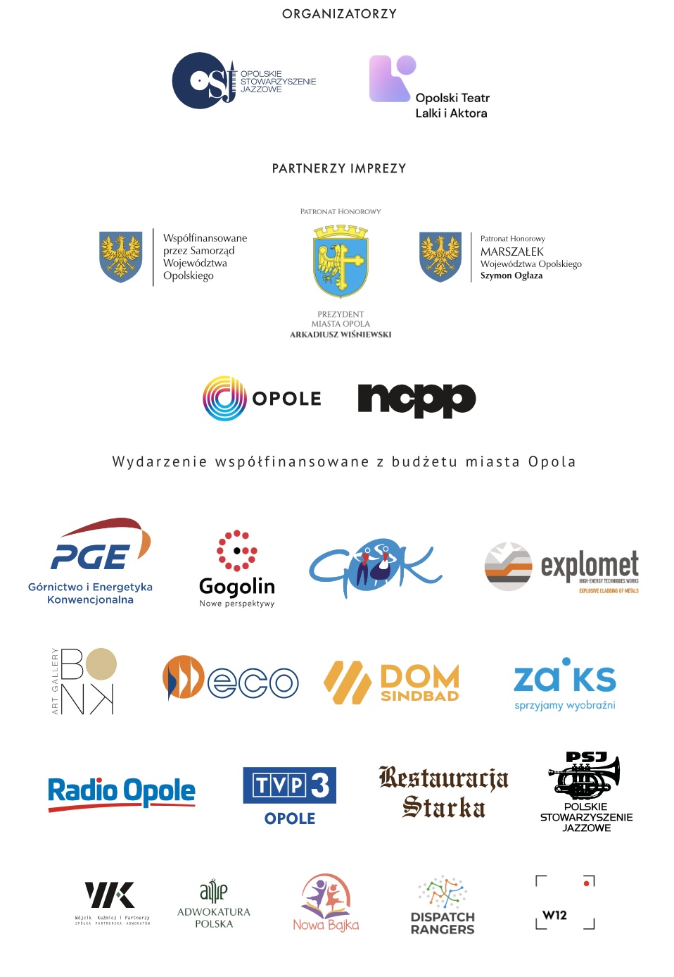 Logotypy organizatorów, partnerów i patronów festiwalu Opolskie Zaduszki Jazzowe
